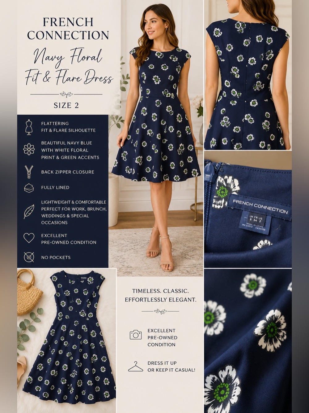 French Connection Navy Floral Fit & Flare Dress | Size 2 | Classic & Elegant